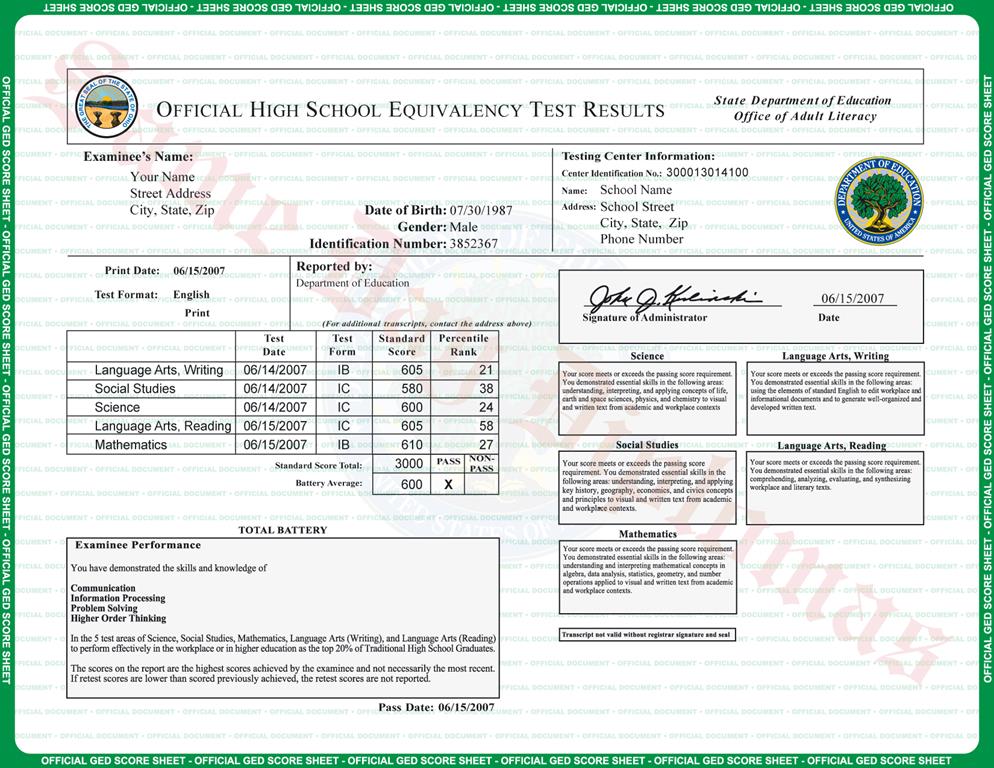 GED Transcript Test Scores - Doc Printers