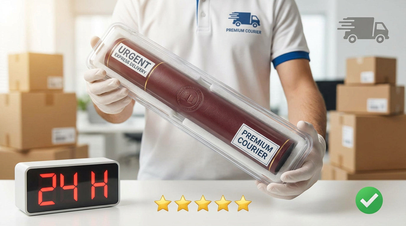 Person holding a package with 'Urgent Courier' label, 24/7 clock, and five-star rating in a warehouse setting.