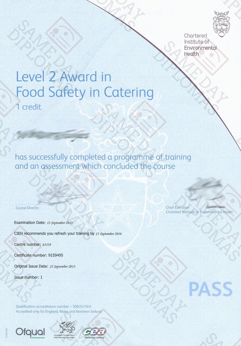 Certificate - CIEH, Chartered Instiute of Environmental Health - Doc Printers