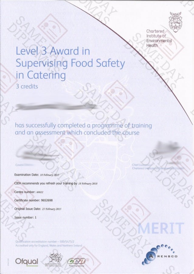 Certificate - CIEH, Chartered Instiute of Environmental Health - Doc Printers