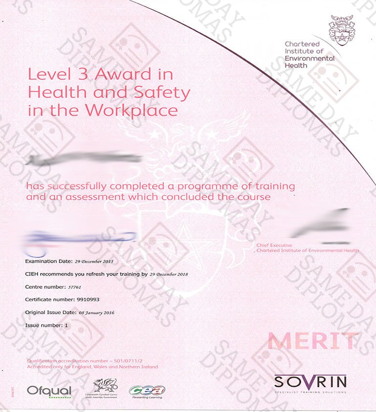 Certificate - CIEH, Chartered Instiute of Environmental Health - Doc Printers
