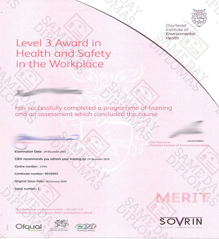 Certificate - CIEH, Chartered Instiute of Environmental Health - Doc Printers