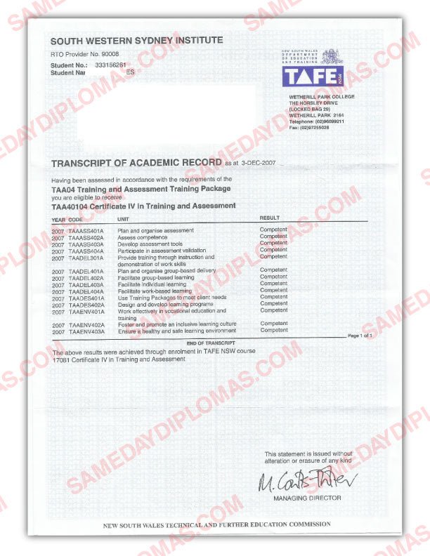 TAFE Certificate III Transcript - Australia - Doc Printers