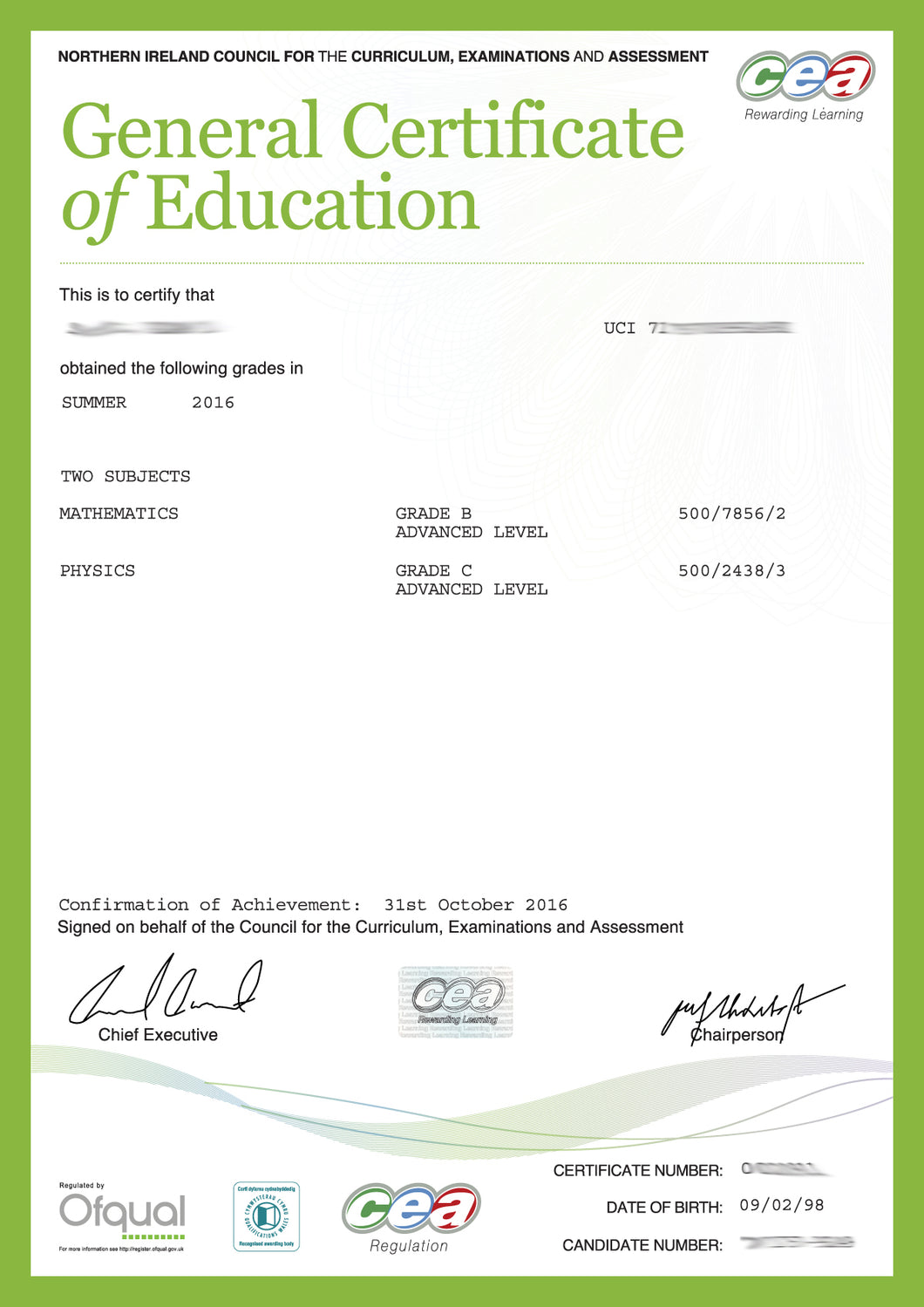 Certificate -  GCE General Certificate of Secondary Education