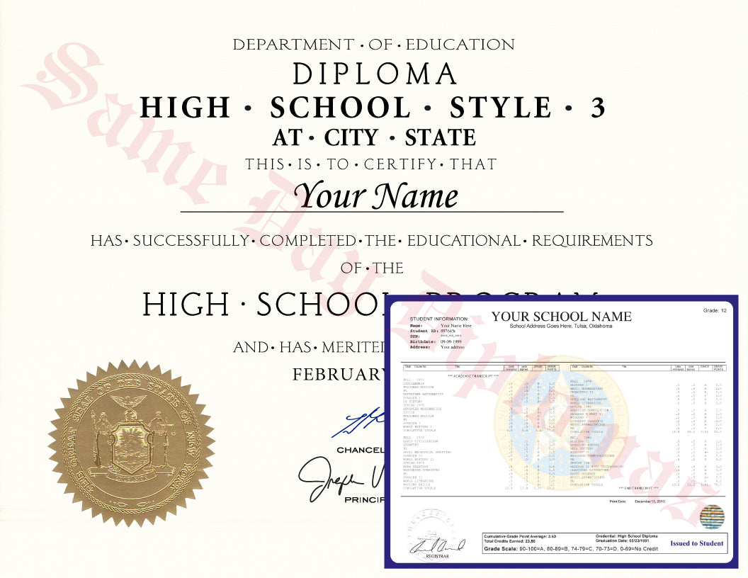High School Diploma Style 3 Fake High School Diploma style 3 and fake  transcripts [DipHigh3] : Fake Diplomas